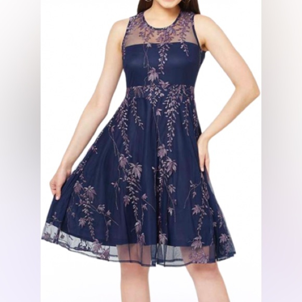 Tahari Navy Sheer Embroidered Fit and Flare mini party dress